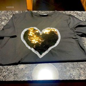 Black T-shirt with gold/ black flip sequined heart